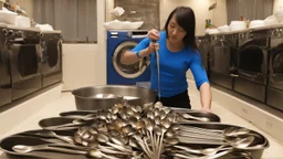 very confused young woman puts 8 metal spoons in her dryer