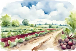 landscape with a dirt road in the middle. I plant beets on both sides. clouds in the blue sky. Cartoon style. watercolor.