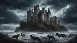 Hyper Realistic Photographic-View of a huge haunted abandoned gothic castle surrounded by wolves between a sea & sea-storm on it & cloudy sky at heavy-rainy-night with mountains far showing dramatic & cinematic ambiance