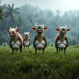 far in the distance five big cute-crepy weird creatures stand on four legs with one giant eye , without ears , with big cow udders between their legs, peacefully grazing the grass, in the background there is a jungle, rain, realistic, detailed, sci-fi, fantasy, cinematic