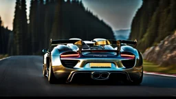Rear View A stunningly realistic (((porsche veyron 918 x mansory))), intricate detail and perfection in every surface, glimmering metal and luxurious contours, a (perfect model) for a desktop wallpaper fit for high resolution screens, evoking a sense of futuristic elegance in a (4K cinematic atmosphere).