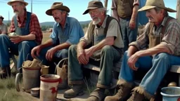 In a mesmerizing combination of brilliant and fading shades, photorealistic,an insanely detailed photographof a family get together of flimsy mid western ugly and dirty kentucky hill billy farmers in ragged overall and holed shoes, eating from a carbage bins outside a mcdonald restaurant 8k UHD