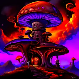 A fantabulous black, orange, and purple(((mushroom tower house))) erected atop a (geologic pillar), surrounded by the uncanny imaginative ((( swirling skies))), offset by the stark hues of a (neon-tinged nebulous space scape), within. captured by the hand a skilled master painter with a focus on (softly blurred compositions and voluminous lighting).