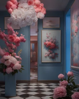 Inspired by Joe Horner and Helice Wen. Capture an image of a scene inside contemporary urban art gallery at blue hour, volumetric lighting, using a Leica Hermes Edition M7 camera. Focus on an intricate floral bouquet, and incorporate sophisticated composition, gestalt principles, and silver mean proportions. Use volumetric lightning, cherenkov radiation and crocoite color palettes. The image should be product-focused, hyper-detailed, hyper-realistic, eye-catching.