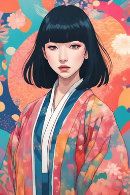 Young beautiful japanese harajuku girl with white pale skin standing in front of a vibrant, colorful background with abstract designs. She has long, dark hair with bangs, and features serene expression. She is wearing a vibrant robe-like that has a similar color palette to the background, featuring a mix of warm and cool tones with floral and abstract patterns. This creates a harmonious blend between the subject and the backdrop, emphasizing the subject's presence through an artistic