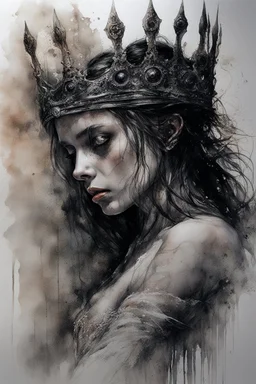 Hyper-photorealistic watercolor art style by Luis Royo & Agnes Cecile, Surreal fine art etching of a figure by Luis Royo, tanned skin inscribed with the transient story of mortality, ethereal light playing with its form whispering tales of an eternal realm, eyes, black as the depths of the night, ardently pinand looking towards the endless skies, a crown of black hair mirroring the mystery of the cosmos around, whole scene tinged with an ethereal softness from volumetric lighting, hues gr,