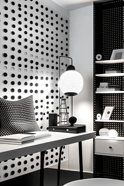 Design a beautiful stylish wall decoration for a YouTube thumbnail cool and calm white & black dot background that has a wide rounded RGB lighting set up,it has a small book shelf at the left hand side with some few books and some tech gadgets on the table with a table lamp