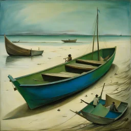 A man, beach, a green and blue boat, some pieces of wood, summer, creepy, odd, Yves Tanguy