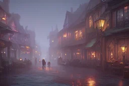 Small medieval Fantasy town, rain, lights, tavern, misty, daytime, cobble streets