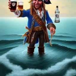 Die digitale Illustration zeigt einen Piraten mit kurzen, schwarzen, lockigen Haaren und einem runden Gesicht. Er trägt Piratenkleidung und hält einen Becher Bier in der Hand. Der Hintergrund der Illustration ist das Meer, auf dem ein Piratenschiff segelt. Verschiedene Zitrusfrüchte liegen verstreut herum und die Farben sind gedämpft. Die Illustration zeichnet sich durch detaillierte Fantasy-Kunsttechniken und eine auffällige Komposition aus. Der Pirat hat einen dynamischen Posing-Stil und 