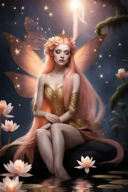 Peach hair , light peach hair, dark,night dark gold,gold,golden,rapunzel hair,dragonflies,water lilies, night,light,,butterflies,elven ears,dark fairy ,night sky,stars,princess,nymph,sparkle,glitter,orchids