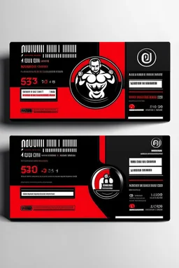 business card layout for a realistic gym instructor, red and black, vector art with gym machines, white background with email, address, phone number and Instagram icons