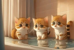 cute pixar chibi cats in a hotel