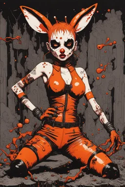 Tank girl, fly pose, rabbit mask, orange and black short hair, latex suit, highly detailed, fullbody, splashes blood, behind guts rising from the ground, papercut illustration by <John Kenn Mortensen>, darkred tones,