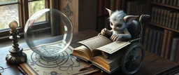 map of labyrinth contained in a glass ball with elemental sigils and symbols on a table beside a book called Rotten Riddles of a Forgotten Age with weird illustrations, being read by an fluffy imp kobold gremlin druid librarian in a cyber punk wheel chair