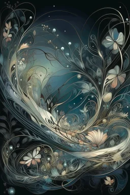 magic Illustration, multi-layered and multidimensional structure of the drawing, grasses, stars, transparent butterflies, sky, trees, unusual flowers, intricate details, extraordinary, fractal, surreal, drawing details, clear contour, botanical style, black, dusty gray, pale green, dark blue, pale burgundy, peach yellow, mother-of-pearl luster, curls, swirls, smoke, beautiful, soft lighting, 24k