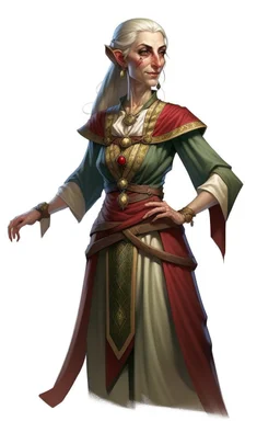 d&d high elf female in her fifties wearing medieval dress with hands behind her back