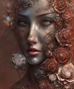 an abstract painting of rusted metal and flowers, portrait, rust, scaffolding, iron cladding, decay, mixed media, textured, anatomically correct, beautiful perfect face, sharp focus, highly detailed