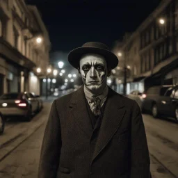 very grainy discolored modern photo, closeup portrait, dark night street with no lights, grunge, male with chalk-white skin, 1910's costume