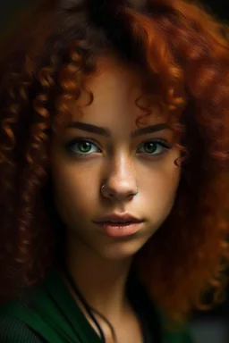 Mixed girl with dark green eyes and reddish curly puffy hair