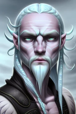 A tieffelin with blue skin and white Dreadlock hair. His pupil-less eyes are green. He wears a small beard. His horns are black and curved backwards. He wears a beige tunic.