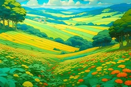 acores beautiful fields masterpiece painting in studio ghibli style in hayao myazaki style