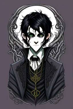 black haired young man necromancer wizard with gothic jewelry in the style of hp lovecraft