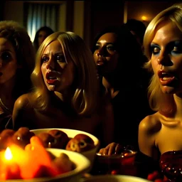 Horror movie shot, hot, ultra realistic, dine, horns, ultra chaos, realistic hot blonde women, party, pieces of meat, organs, hot dynamic, very excited people, hypermaximalist figures, light, 1970's Italian horror movie, sinister,, Dario Argento, Stanley Kubrik, ornate, 4k, photorealism