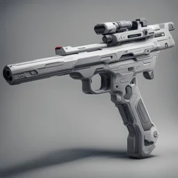 a futuristic light grey long rifle with laser sight and foregrip