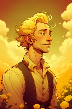 Un retrato al estilo comic de Guybrush Threepwood en un campo florido, bajo un cielo de nubes esponjosas, con una atmósfera tranquila, una paleta de colores cálidos, un contraste suave y una luz suave y difusa