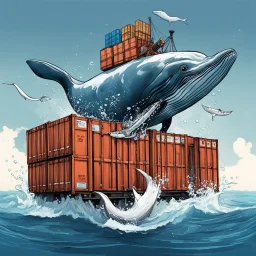 A whale carrying shipping containers on its back, and an engine with a propeller carrying the whale through the water. Digital Art, Digital Drawing