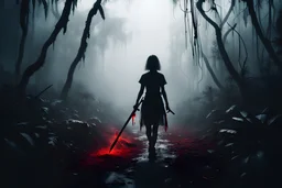 realistic scene surrealis horror, silhouette girl from back holding a bloody machette walking in the jungle path, bold mist, fog, cinematic, dramatic lighting