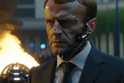 4k full details, full realism. EMMANUEL MACRON EN ROBOT TERMINATOR. ELYSEE EN FEU EN ARRIERE PLAN. FIRESTARTER