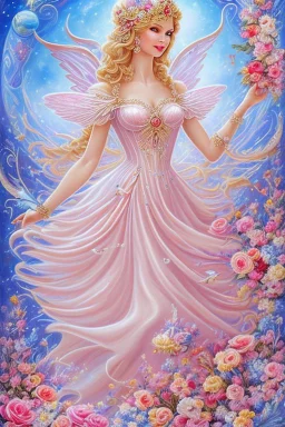 Magnifique woman, lady fairy, facing happy, voluptuous white, pink enchanted flowers, wings magic, long big dress, pink outerspace stars planets, Beautyful smiling, young woman, long hair amazing blue eyes, flowers, happy cosmic, bright colors, blue, pink, gold, jewels, realistic, photo real, clear sunny background, highly detailed, high contrast, 8k high definition, unreal engine 5, extremely sharp detail, light effect, sunny light background