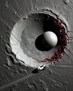 High-altitude lunar reconnaissance satellite image of a young impact crater. larger regolith along right ride. A massive damaged metallic alien sphere with fracture lines on the crater floor. Thin red organic growth radiates across regolith and up crater walls. At the lower frame edge outside the crater, a small modern white single-seat lunar vehicle sits near the rim with visible wheel tracks. Stark vacuum lighting, no atmosphere, pitch-black space, photorealistic lunar geology