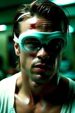 brad pitt from fight club wearing swimming goggles and trunks