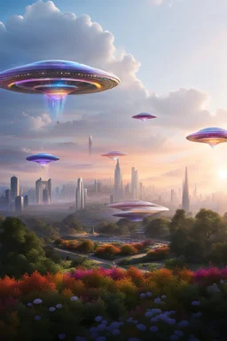 ufo rainbows, cité cristal très futuriste ultra moderne, ufos fleet, intergalactic, dômes de cristal, beautiful gardens , flowers