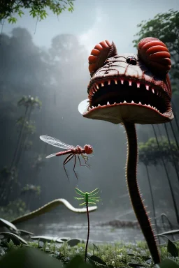 large venus fly trap with teeth eating a dragonfly, flowers, jungle, hyperrealistic, trees in background, digital art, alien like, disgusting, intricate, morbid, rainy, sinister, volumetric lighting, unreal engine, high resolution, 8k, depressing colors, dark colors, horror, horrific,