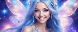 beautiful bright fairy cosmic women with cosmic long straight hair, crystal jewel and dressed with a magic crystal suit. she has light make up and a sweety smile.