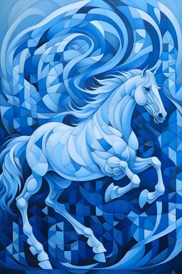 Neo Surrealism, Gallop by Cheenu Pillai ,fantasy Victorian art, magical realism bizarre art, pop surrealism, whimsical art. An abstract painting of a white horse in a gallop, the background is in variants of blue color, cubism.