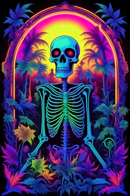 neon skeletons, 3D embossed textured ethereal image; midnight hues, extreme colors, neon skeletons at a rave party in a graveyard; trippin', psychedelic, groovy, art nouveau; indica, sativa, leaves, gig poster art, macabre, eldritch, bizarre, extreme neon colors, mixed media, velvet, blacklight, uv