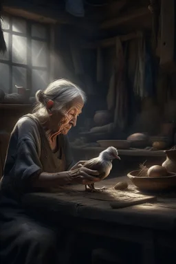 "A an old paints cracked dirty abandoned barn an old woman holding a chicken from the neck in one hand and holding a knife on the other hand on the table , , insanely detailed octane render trending on artstation, 8k artistic photography, photorealistic concept art, soft natural volumetric cinematic perfect light, chiaroscuro, award-winning photograph, masterpiece, oil on canvas, Raphael, Caravaggio, Greg Rutkowski, people, beksinski, Giger