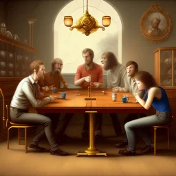 five friends, two men, three women, coffe laboratory, sitting, table