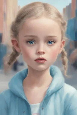 Illustration of lily-rose depp a toddler,, pony tail, in the street , , big blue eyes, style of Marcel Marlier, pastel colors