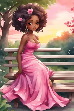 create a watercolor image of A curvy chibi cartoon black woman sitting on a park bench, facing the sunset. She has brown eyes accentuated by dramatic makeup. Her brown hair is done up in an elaborate curled twist. She sits slightly angled, wearing a flowing pink maxi dress with tropical flowers that seems to flutter in the gentle breeze.