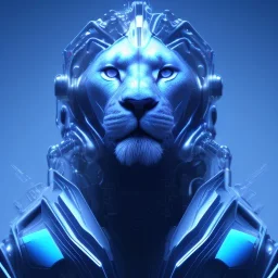 A beautiful portrait of a cyborg lion blue color scheme, high key lighting, volumetric light high details psychedelic background