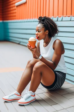 a woman sitting in a basketball court and eating ice cream