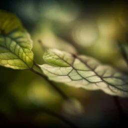 A stunning very blurry macro photography of natural textures of leaves. The overall atmosphere of the image is peaceful and dreamy, with a heavy grain texture that adds a vintage touch. Some parts of the image are intentionally out of focus, emphasizing the abstract nature of the scene.