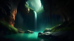 Hyper realistic color epic cinematography of the largest and beautiful cave including waterfall illuminated by a single light, Birds Eye view