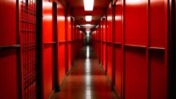 long Prison corridor. Red Alarm
